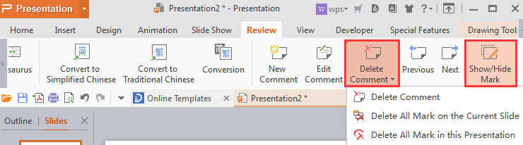 add edit delete comment in wps presentation
