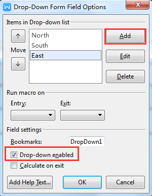 create a drop-down form field in writer