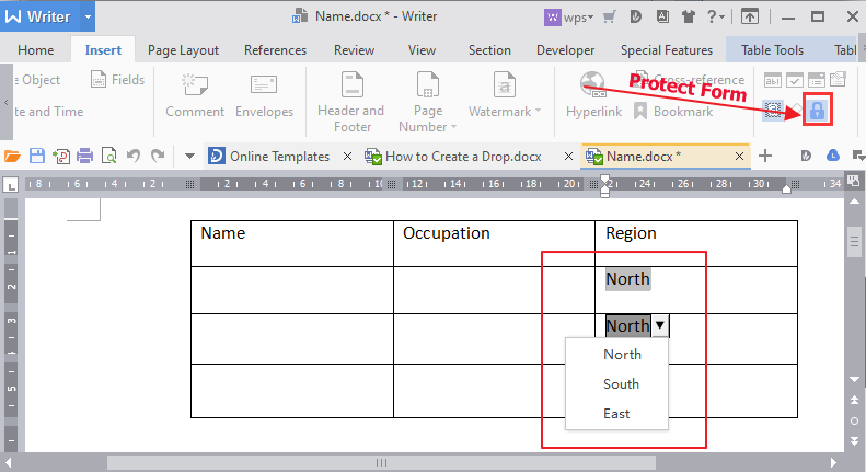 create a drop-down form field in writer